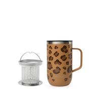 QWETCH - Mug Isotherme Inox Recy vec Anse & Filtre Infuseur Wild Leopard Camel - Tisanière Isotherme 470ml - Thermo Café & Thé - 6h Chaud & 12h Froid - Bouchon Coulissant Anti-Éclaboussures