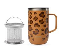 QWETCH - Mug Isotherme Inox Recyclé avec Anse & Filtre Infuseur Wild Leopard Camel - Tisanière Isotherme 470ml - Thermo Café & Thé - 6h Chaud & 12h Froid - Bouchon Coulissant Anti-Éclaboussures