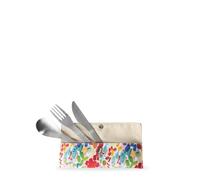 Qwetch - Set de 3 Couverts en Inox & Pochette Textile Arty Coton Bio- Ensemble de couverts Lunch Box, Lavable au Lave Vaisselle, pour Bureau, Pique-Nique, Camping, Voyage