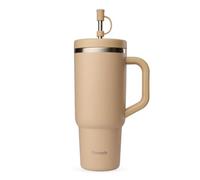QWETCH - Travel Cup 900ml avec Paille & Anse - 48h Glacé / 12h Froid - Gourde Isotherme Inox Recyclé - Mug avec Bouchon à Vis Anti-Éclaboussures - Tasse Thermo - Lin