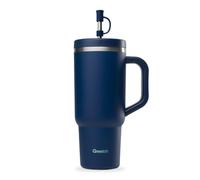 QWETCH - Travel Cup 900ml avec Paille & Anse - 48h Glacé / 12h Froid - Gourde Isotherme Inox Recyclé - Mug avec Bouchon à Vis Anti-Éclaboussures - Tasse Thermo - Bleu Nuit
