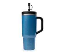 QWETCH - Travel Cup 900ml avec Paille & Anse - 48h Glacé / 12h Froid - Gourde Isotherme Inox Recyclé - Mug avec Bouchon à Vis Anti-Éclaboussures - Tasse Thermos - ROC Bleu Metal