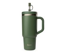 QWETCH - Travel Cup 900ml avec Paille & Anse - 48h Glacé / 12h Froid - Gourde Isotherme Inox Recyclé - Mug avec Bouchon à Vis Anti-Éclaboussures - Tasse Thermo - Kaki