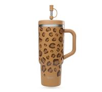 QWETCH - Travel Cup 900ml avec Paille & Anse - 48h Glacé / 12h Froid - Gourde Isotherme Inox Recyclé - Mug avec Bouchon à Vis Anti-Éclaboussures - Tasse Thermo - Leopard Camel