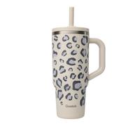 QWETCH Travel Cup Isotherme 900ml Étanche avec Paille Rabattable - Mug Isotherme Inox Recy vec Anse - Garde 48h Glacé / 12h Froid - Tumbler Isotherme - Gourde Compatible Porte-Gobelet - Léopard