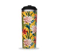 QWETCH - Travel Mug Isotherme - Tropical Jaune 470ml - Thermos Café & Thé en Inox - 6h Chaud et 12h Froid - Sans BPA, Étanche, Mug de voyage