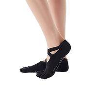 QWFVHJ Chaussettes de Pilates antidérapantes, Chaussettes antidérapantes, 2 Paires de Chaussettes de Yoga en Coton à Lacets croisés à Cinq Doigts, Chaussettes de Danse de Sport(Black)