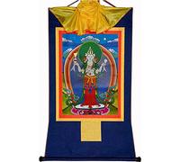 QWFVHJ Peinture sur Rouleau, Rouleau de Soie, Peinture sur Rouleau de Soie, thangka tibétain, Avalokitesvara à Quatre Bras, Padmapani, Chenrezig(Blu,Small(35cm*27cm))