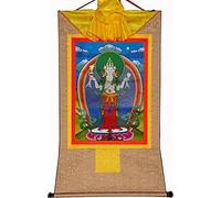 QWFVHJ Peinture sur Rouleau, Rouleau de Soie, Peinture sur Rouleau de Soie, thangka tibétain, Avalokitesvara à Quatre Bras, Padmapani, Chenrezig(Beige,Small(35cm*27cm))