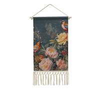 QWJKM Affiches à suspendre en coton et lin avec pompons, fleurs, oiseaux, cadre en bois, affiche, affiche, décoration murale avec image pour salon, bureau