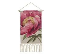 QWJKM Affiches à suspendre en coton et lin avec pompons, pêche foncée, pivoine, fleur, tapisserie, cadre en bois, affiche, décoration murale avec image pour salon, bureau