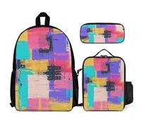 QWJKM Ensemble sac à dos de voyage à motif carré coloré pour ordinateur portable avec sac à déjeuner isotherme, trousse à crayons, sac à dos décontracté, blanc, 30,5 x 14 x 41,9 cm, blanc, 12x5.5x16.5