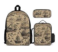 QWJKM Ensemble sac à dos de voyage pour ordinateur portable avec sac à déjeuner isotherme et trousse à crayons, motif carte au trésor maritime, blanc, 30,5 x 14 x 41,9 cm, blanc, 12x5.5x16.5 inches