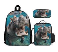 QWJKM Hippopotamus Ensemble sac à dos sous-marin, sac à dos de voyage pour ordinateur portable avec sac à déjeuner isotherme, trousse à crayons, sac de jour décontracté, blanc, 30,5 x 14 x 41,9 cm,