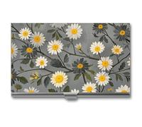 QWJKM Porte-cartes de visite fin avec motif floral jaune et blanc pour homme et femme - Porte-cartes de visite - Porte-cartes de crédit et d'identité - Étui en métal, Argenté., 3.7x2.2x0.3 Inches