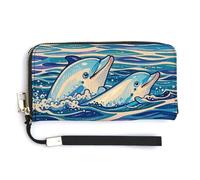 QWJKM Portefeuille en cuir à large museau jouant des dauphins pour sac à main unisexe fin avec fermeture éclair, blanc, 20 x 10,5 cm, blanc, 20.0*10.5cm