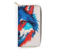 QWJKM Portefeuille en cuir aquarelle bleu rouge visage de loup pour homme et femme, portefeuille long vertical fin avec fermeture éclair et porte-cartes blanc, 19,7 x 10,5 cm, blanc, 19.7x10.5cm
