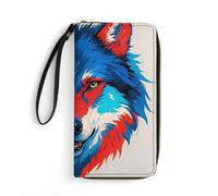 QWJKM Portefeuille en cuir aquarelle bleu rouge visage de loup pour homme et femme, portefeuille long vertical fin avec fermeture éclair et porte-cartes blanc, 19,7 x 10,5 cm, blanc, 19.7x10.5cm