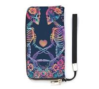 QWJKM Portefeuille en cuir avec deux silhouettes de crâne pour homme et femme, portefeuille long vertical fin avec fermeture éclair et porte-cartes blanc, 20 x 10,5 cm, blanc, 20x10.5cm