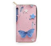 QWJKM Portefeuille en cuir fin avec fermeture éclair et porte-cartes pour homme et femme, motif papillons et étoiles, blanc, 19,7 x 10,5 cm, blanc, 19.7x10.5cm