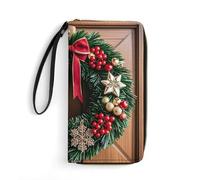 QWJKM Portefeuille long en cuir avec fermeture éclair et porte-cartes pour homme et femme, motif couronnes de Noël à l'entrée (blanc, 19,7 x 10,5 cm), blanc, 19.7x10.5cm