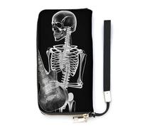 QWJKM Portefeuille long en cuir avec fermeture éclair et porte-cartes pour homme et femme, motif tête de mort squelette jouant de la guitare, blanc, 20 x 10,5 cm, blanc, 20x10.5cm