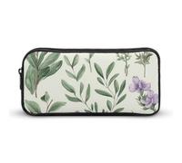 QWJKM Trousse à crayons pour homme et femme - Motif fleurs vertes, herbes et feuilles de sauge - Trousse à crayons portable personnalisée - Esthétique - Organiseur de bureau pour bureau, blanc,