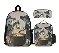 QWJKM Witch And The Cauldron Ensemble sac à dos de voyage pour ordinateur portable avec sac à déjeuner isotherme et trousse à crayons Blanc 30,5 x 14 x 41,9 cm, blanc, 12x5.5x16.5 inches