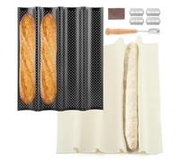 QWLWBU Baguett-e Lot de 5 moules à pain antiadhésifs perforés à 4 fentes avec chiffon de protection, kit de coupe-pâte pour boulanger à domicile, plateau Baguett-e, moule à pain noir, 38,1 x 30,5 cm