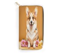 QWNMD Portefeuille en cuir pour femme avec fermeture éclair - Motif floral Corgi - 19,8 x 10,4 x 3,6 cm - Moderne, Fleurs florales Corgi, 7.8 x 4.1 x 1.4 inches, Moderne