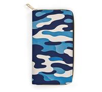 QWNMD Portefeuille en cuir pour femme avec imprimé camouflage bleu, porte-cartes avec fermeture éclair, imprimé camouflage bleu, 19,8 x 10,4 x 3,6 cm, moderne, Imprimé camouflage bleu, 7.8 x 4.1 x 1.4