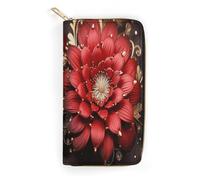 QWNMD Portefeuille en cuir pour femme avec imprimé fleur rouge et doré, porte-cartes avec fermeture éclair, fleur rouge dorée, 19,8 x 10,4 x 3,6 cm, moderne, Fleur rouge et dorée, 7.8 x 4.1 x 1.4