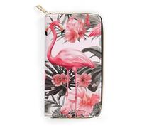 QWNMD Portefeuille en cuir pour femme avec imprimé floral flamant rose, porte-cartes avec fermeture éclair, portefeuille en cuir, imprimé floral, 19,8 x 10,4 x 3,6 cm, moderne, Imprimé flamant rose,