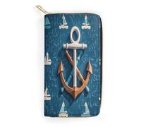 QWNMD Portefeuille en cuir pour femme avec motif d'ancre bleu marine, porte-cartes avec fermeture éclair, motif ancre marine, 19,8 x 10,4 x 3,6 cm, moderne, Motif ancre bleu marine, 7.8 x 4.1 x 1.4