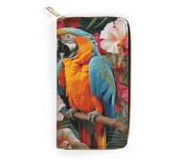 QWNMD Portefeuille en cuir pour femme avec motif de plantes tropicales et perroquets, porte-carte avec fermeture éclair, motif plantes tropicales et perroquets, 19,8 x 10,4 x 3,6 cm, moderne, Plantes