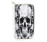 QWNMD Portefeuille en cuir pour femme avec motif tête de mort blanche et grise, porte-cartes avec fermeture éclair, motif crâne blanc et gris, 19,8 x 10,4 x 3,6 cm, moderne, Graphiques crâne blanc et