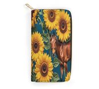 QWNMD Portefeuille en cuir pour femme - Motif cheval marron tournesol et fleur jaune - Porte-carte avec fermeture éclair - Portefeuille en cuir - Motif cheval marron tournesol et fleur jaune - 19,8 x