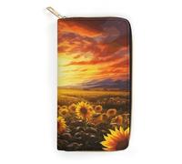 QWNMD Portefeuille en cuir pour femme - Motif coucher de soleil sur un champ de tournesol - Portefeuille imprimé avec fermeture éclair - Portefeuille en cuir - Motif coucher de soleil onirique sur un