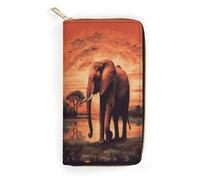 QWNMD Portefeuille en cuir pour femme - Motif éléphant coucher de soleil - Porte-cartes avec fermeture éclair - Motif éléphant coucher de soleil - 19,8 x 10,4 x 3,6 cm - Moderne, Sunset Elephant, 7.8
