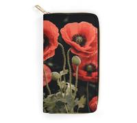 QWNMD Portefeuille en cuir pour femme - Motif fleurs de coquelicot rouge - Porte-carte avec fermeture éclair - Motif feuilles de coquelicot rouge - 19,8 x 10,4 x 3,6 cm - Moderne, Feuilles de