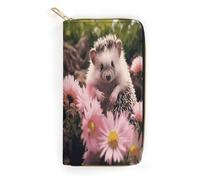 QWNMD Portefeuille en cuir pour femme - Motif hérisson mignon en fleurs - Porte-carte avec fermeture éclair - 19,8 x 10,4 x 3,6 cm - Moderne, Hérisson mignon en fleurs, 7.8 x 4.1 x 1.4 inches, Moderne