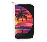 QWNMD Portefeuille en cuir pour femme - Motif palmier et coucher de soleil - Portefeuille imprimé avec fermeture éclair - Portefeuille en cuir - Motif palmier et coucher de soleil - 19,8 x 10,4 x 3,6