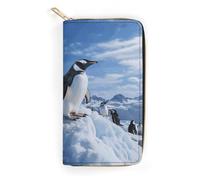 QWNMD Portefeuille en cuir pour femme - Motif pingouin des montagnes enneigées - Porte-cartes avec fermeture éclair - Portefeuille en cuir - Pingouin des montagnes enneigées - 19,8 x 10,4 x 3,6 cm -