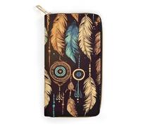 QWNMD Portefeuille en cuir pour femme - Style vintage ethnique tribal - Avec fermeture éclair - Plume tribale - 19,8 x 10,4 x 3,6 cm - Moderne, Plume tribale ethnique vintage, 7.8 x 4.1 x 1.4 inches,