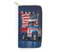 QWNMD Portefeuilles en cuir pour femme 4 juillet avec motif de camions patriotiques, porte-carte avec fermeture éclair, portefeuille en cuir, camions patriotiques du 4 juillet, 19,8 x 10,4 x 3,6 cm,