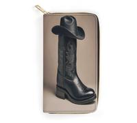 QWNMD Portefeuilles en cuir pour femme avec chapeau noir de cowboy, bottes occidentales, portefeuille imprimé, porte-cartes avec fermeture éclair, portefeuille en cuir, chapeau noir, bottes