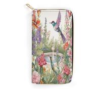 QWNMD Portefeuilles en cuir pour femme avec oiseaux et fleurs - Portefeuille imprimé avec fermeture éclair - Motif jardin avec oiseaux et fleurs - 19,8 x 10,4 x 3,6 cm - Moderne, Jardin avec oiseaux
