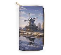 QWNMD Portefeuilles en cuir pour femme avec un moulin à vent traditionnel imprimé, porte-carte avec fermeture éclair, portefeuille en cuir, paysage avec un moulin à vent traditionnel, 19,8 x 10,4 x