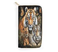 QWNMD Portefeuilles en cuir pour femme - Imprimé lion, tigre, léopard et papillon - Porte-cartes avec fermeture éclair - Portefeuille en cuir - Motif lion tigre léopard et papillon - 19,8 x 10,4 x 3,6
