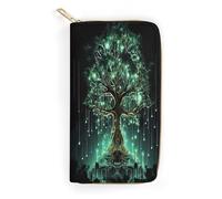 QWNMD Portefeuilles en cuir pour femme - Motif arbre vert magique - Porte-cartes avec fermeture éclair - Motif arbre vert magique - 19,8 x 10,4 x 3,6 cm - Moderne, Arbre vert magique, 7.8 x 4.1 x 1.4